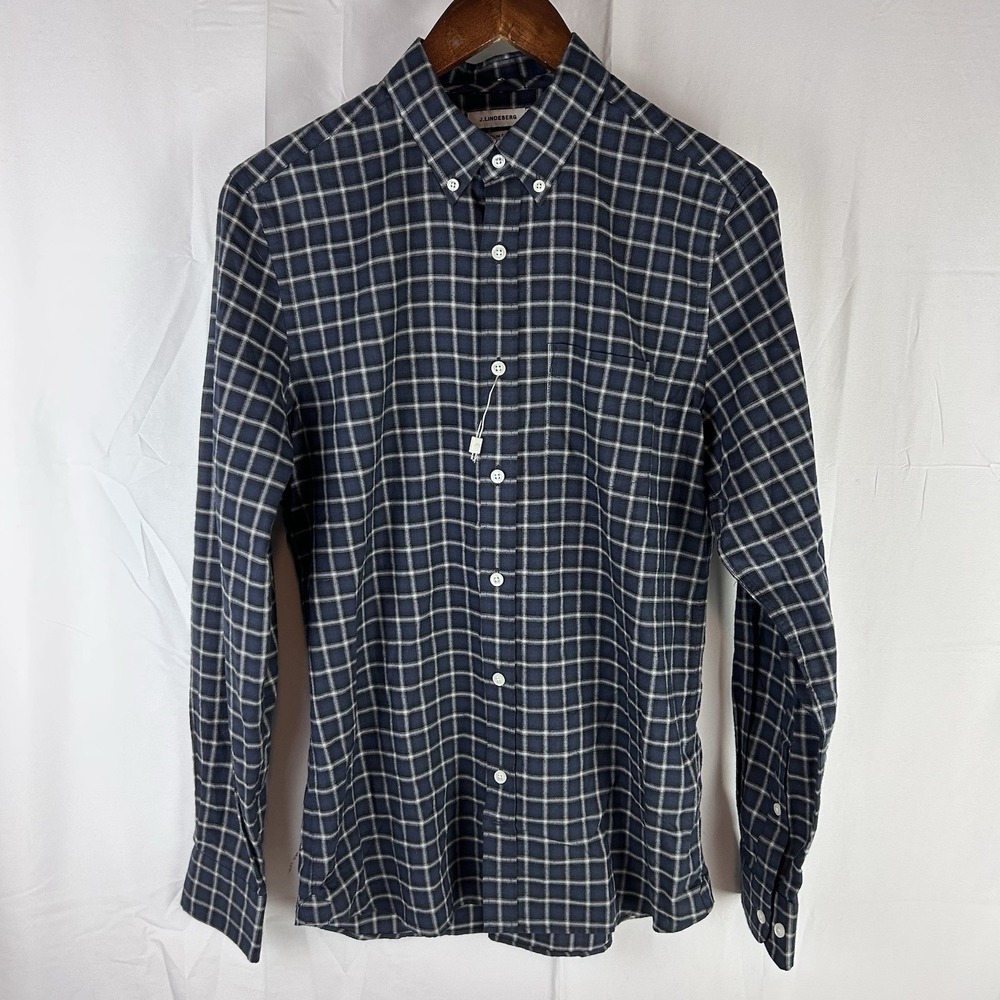J. Lindeberg Mens Small Long Sleeve Button Down Shirt Blue Check Plaid Slim Fit‎